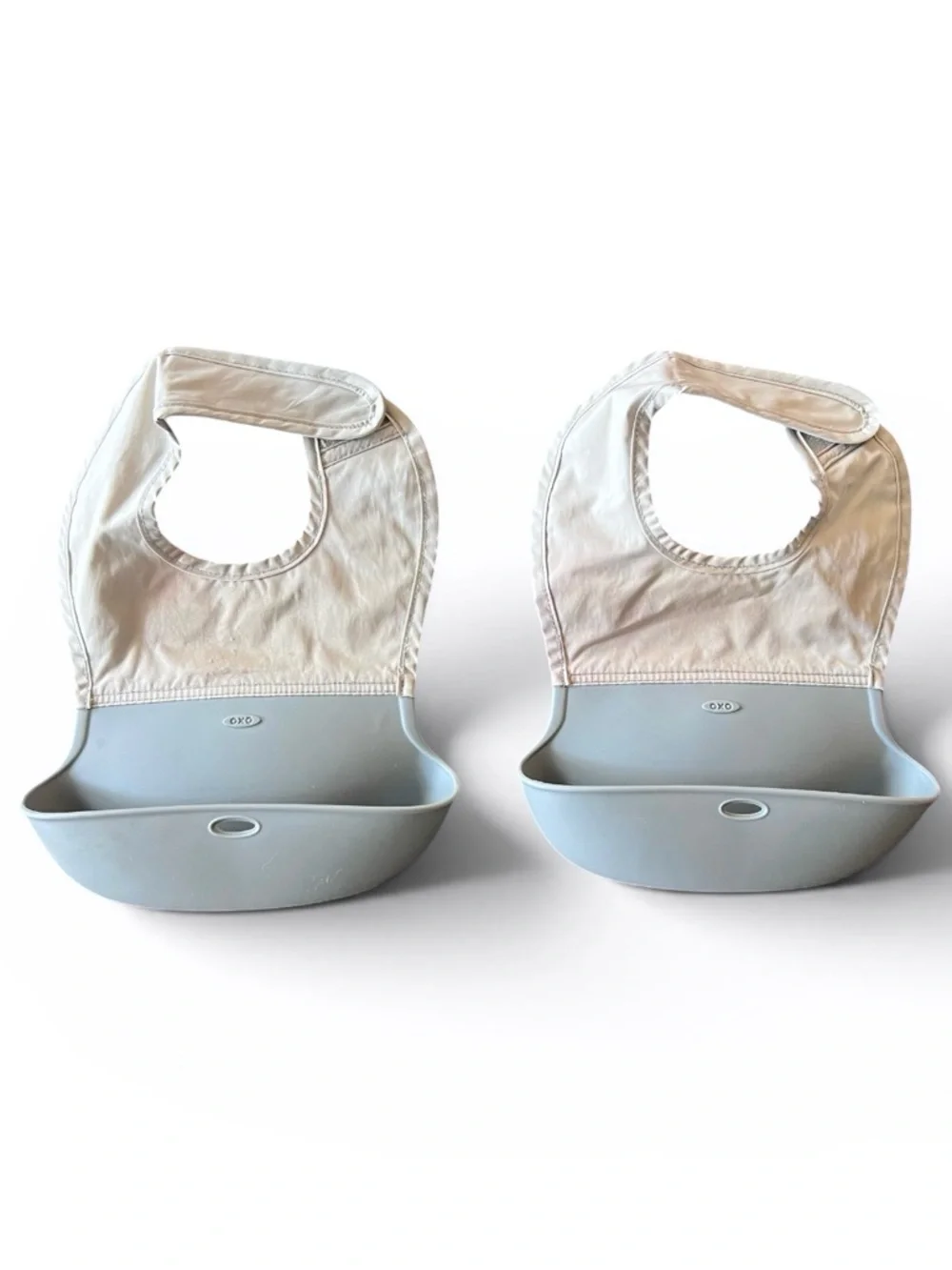 OXO Tot Roll-Up Bib Set (2) Grey Silicone Catcher Adjustable Travel Bibs